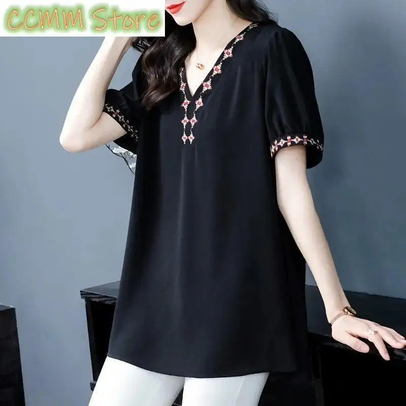 Zomer dun folk borduurwerk T-shirt Vintage elegante V-hals dameskleding korte mouw Basic losse stijlvolle gesplitste truien