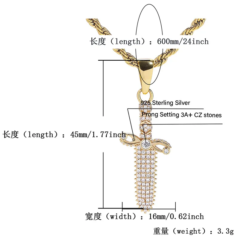 S925 Sterling Silver Prong Setting AAA CZ Stone Bling Ice Out Poniard Sword Dagger Pendants Necklaces Men Hip Hop Rapper Jewelry