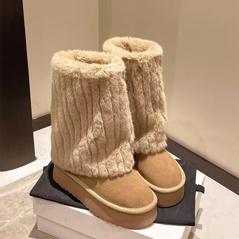

2025 Full Plush Snow Boots Winter Thick Warm Mid-calf Boots Korean Style Girls Fashion Thick Bottom Boots Students Cotton Shoes