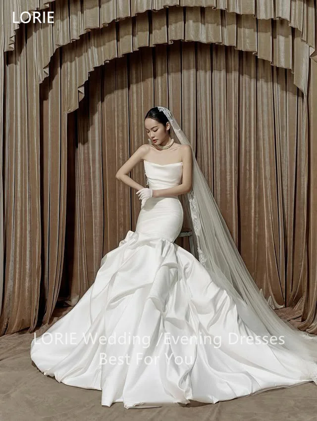 LORIE فساتين زفاف أنيقة من الساتان بدون حمالات طيات حورية البحر فستان حفلات العروس بطول الأرض فساتين زفاف مخصصة #3