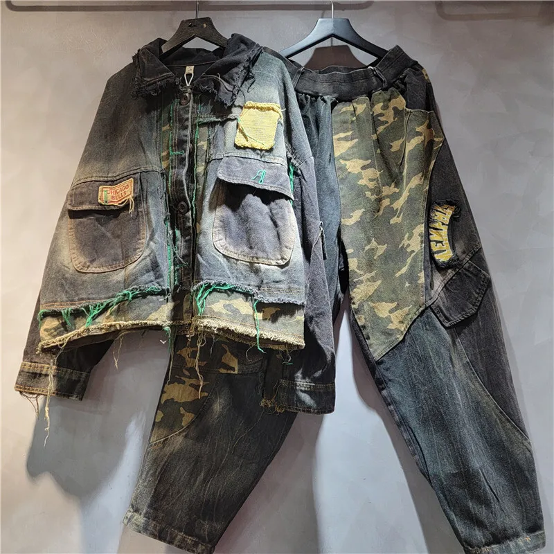 WTHT New Fashion Women's Patchwork Camouflage Do Old Denim Jacket Elastic Waist Harem Jeans Female 2025 Autumn 1LS2462 view 2