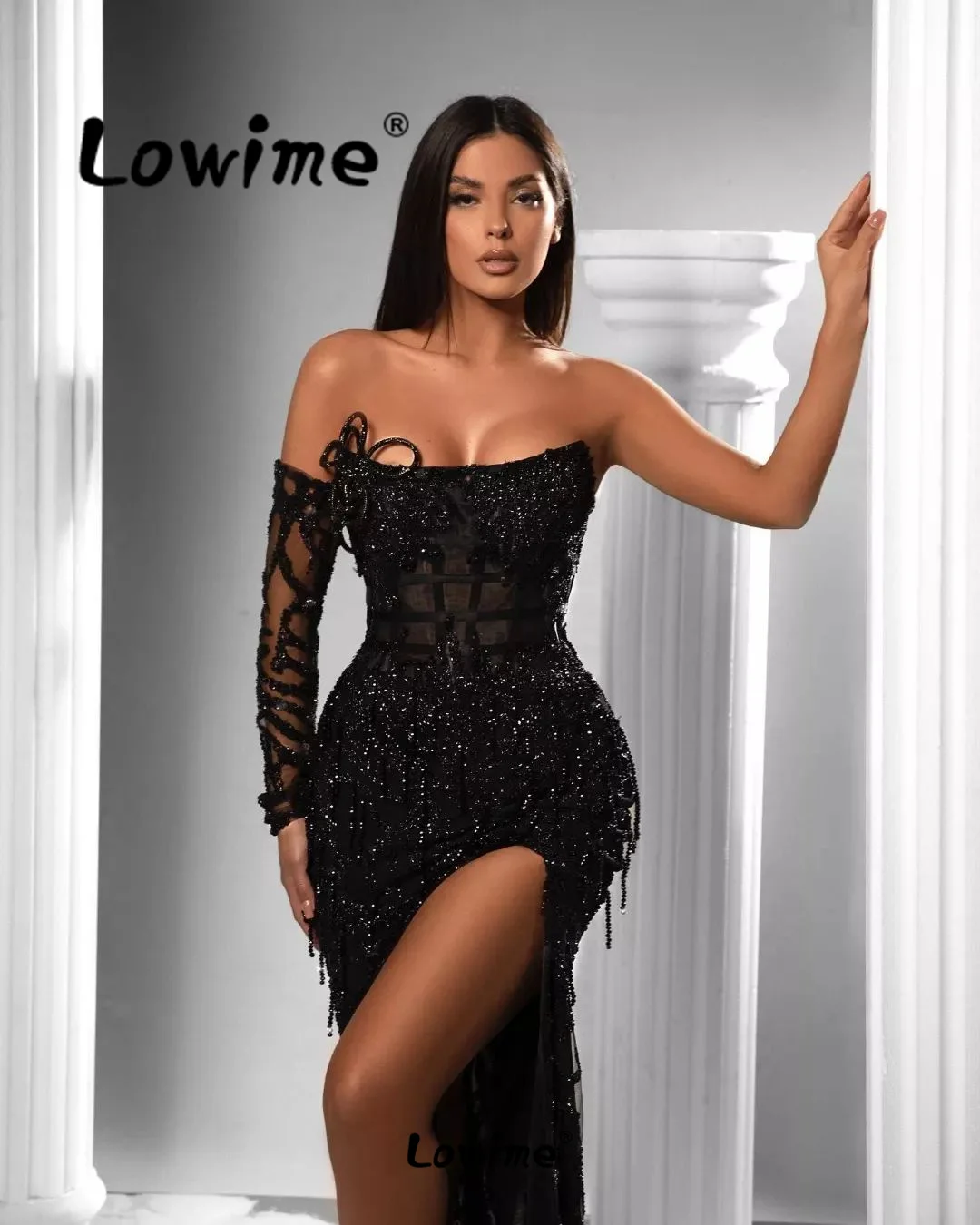 Black Prom Dress High Split Side Sexy One Shoulder Party Dresses 2024 Beaded Tassel Long Sleeve Engagement Evening Gowns Robes