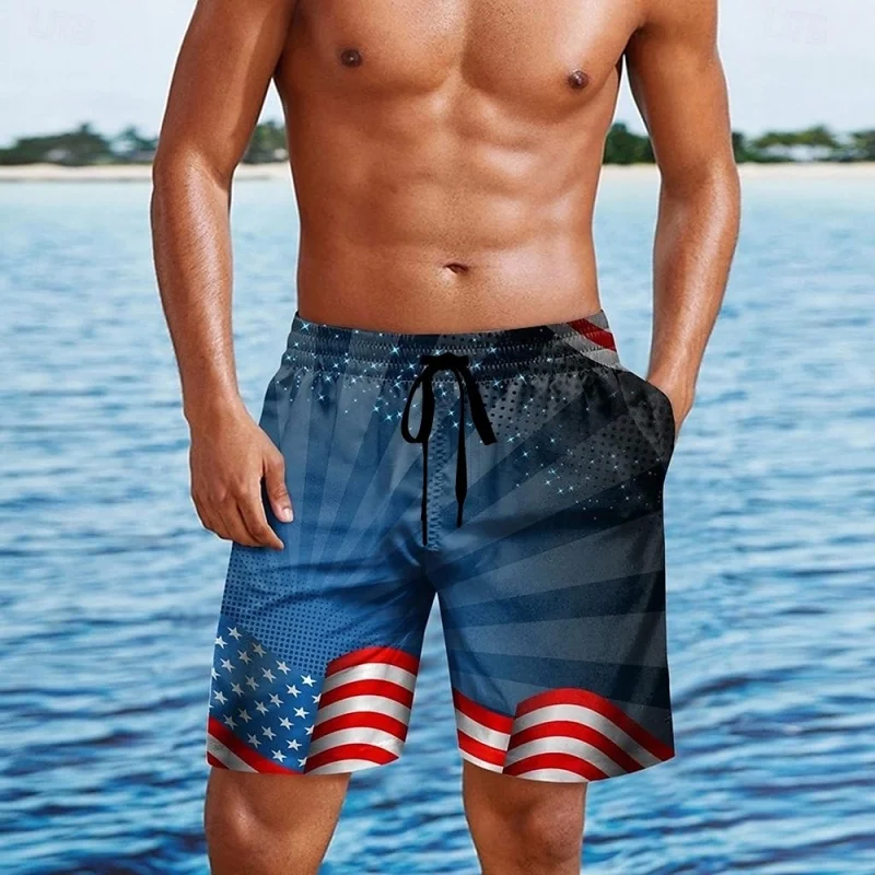 Pantalones cortos con estampado 3D de la bandera de América para hombre, bañador con patrón de rayas y estrellas, traje de baño informal, pantalones cortos de playa, pantalones cortos deportivos para tabla de Surf