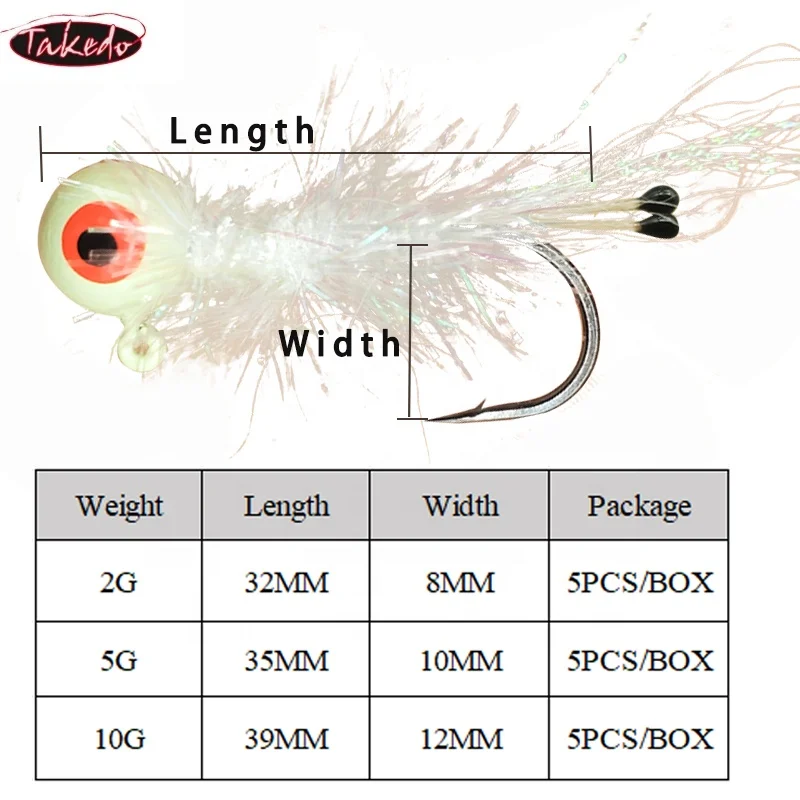 TAKEDO 5PCS/BOX 2G 5G 10G Luminous Jig Hooks Shrimp Artifical Baits Fly Fishing Rubber Jig Fly Fishing Lure Ice Fishing Trout