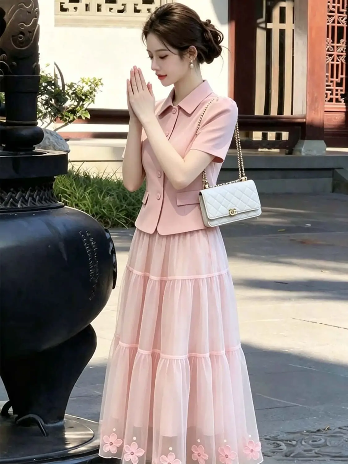 New Summer Luxury Pink Women's Suit Laple Short Sleeve Slim Blazer Top + A-line Mesh 3D Flower Skirt Two Piece Set Elegant