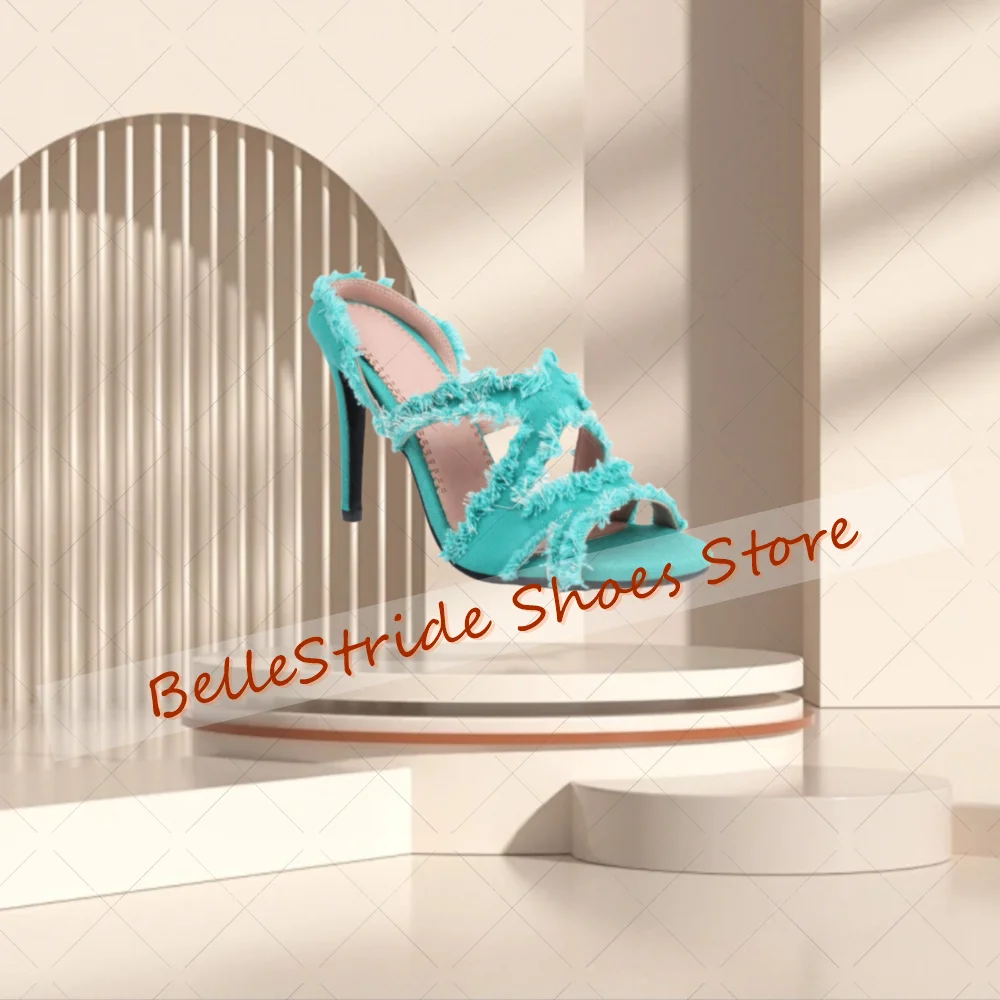 شباشب مجوفة بحواف خام من الدنيم الأحمر أحذية نسائية مفتوحة من الأمام بكعب عالٍ للحفلات والولائم والمواعدة 2025 Zapatos Para Mujere