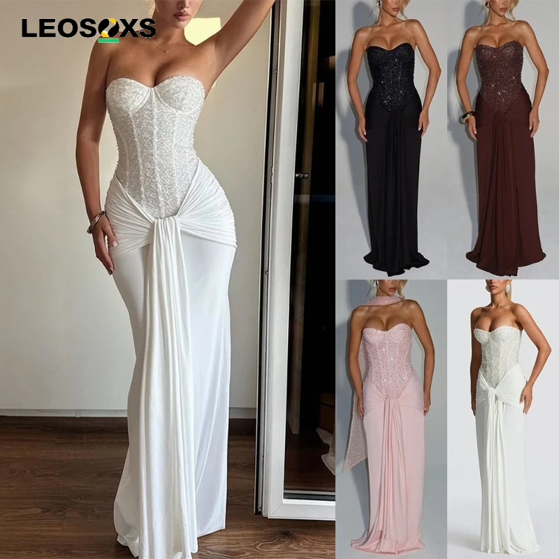 Women's Sexy Strapless Sleeveless Evening Dress Fashion Waist Slim Solid Wedding Dress Elegant Sequins Splicing Pleat Long Dress