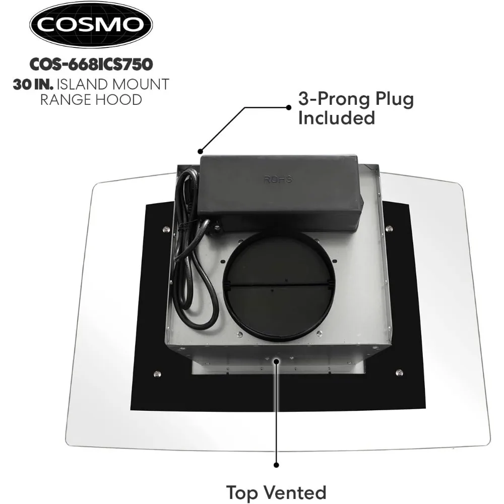 Island Mount Range Hood with 380 CFM, Soft Touch Controls, Permanent Filters, LED Lights, Tempered Glass Visor