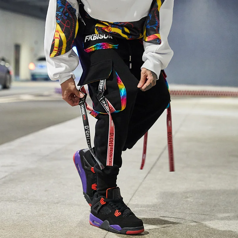 2023 New Hip-Hop Jogger Men\'s Harem Overalls Color Multi-Pocket Ribbon Men\'s Sports Pants Streetwear Casual Men\'s Casual Pants