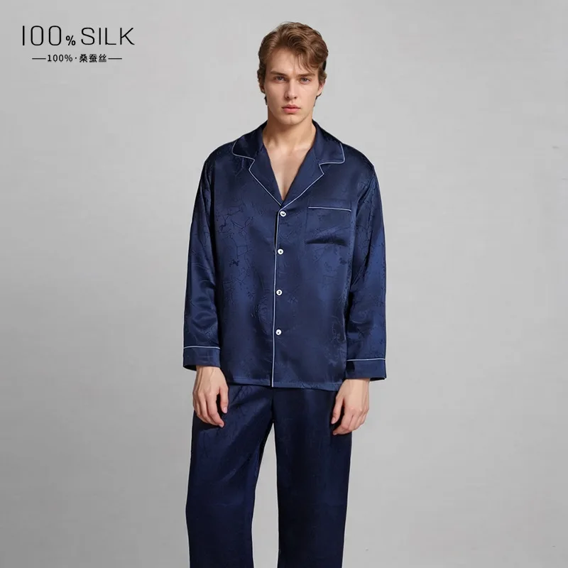 

19MM Jacquard 100% Natural Silk Men's Pyjamas Long-sleeved Pajama Home Wear Suit Lapel Top and Trousers Two-Piece Set Nightpwear