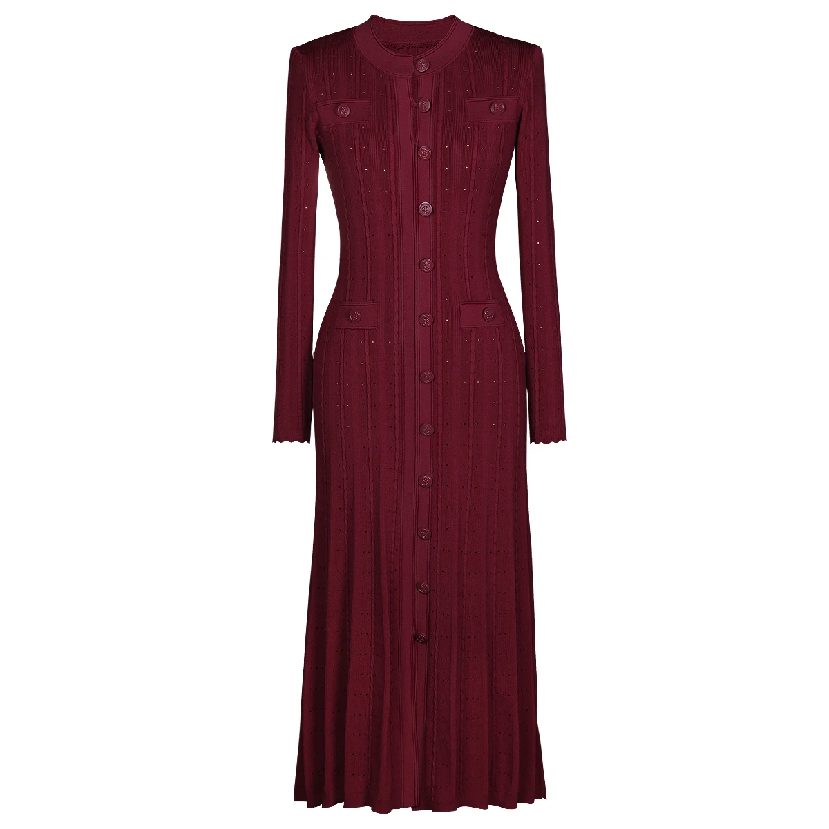 Three Colors High-quality New Elastic Knitted Fabric Hollowed Out Single Breasted Round Neck Long Sleeved Slim Fit Women Dress