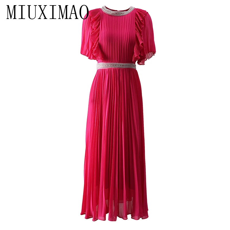 

MIUXIMAO 2024 Summer Elegant Pretty Dress Women's O-Neck Diamonds Short sleeve Travel Ruffles Slim Solid Long Dress Vestides