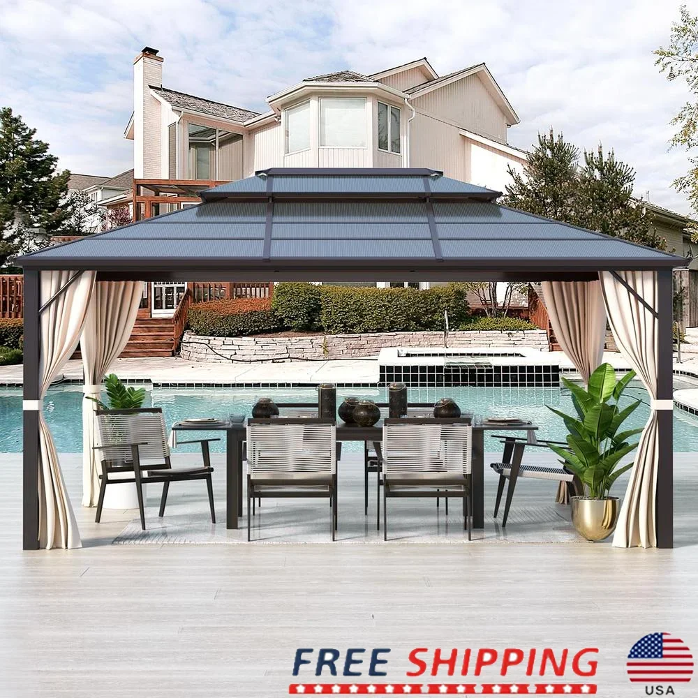 10x13 Hardtop Gazebo Outdoor Polycarbonate Double Roof Canopy Aluminum Frame with Mesh Privacy Curtains and Large Space Patio