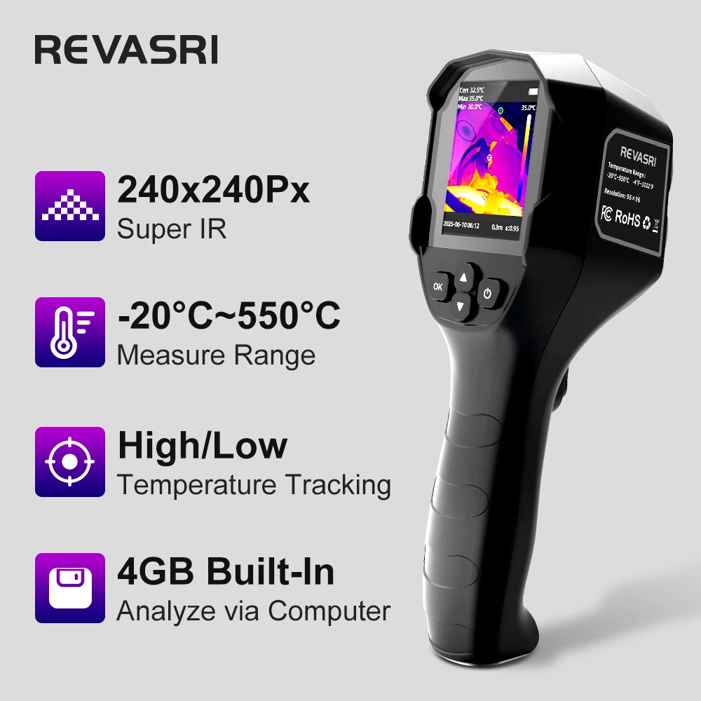 REVASRI Handheld Thermal Camera, 240 X 240 TISR Resolution, -4°F to 1022°F Temp Range, 25Hz Infrared Camera with Temp Alarm