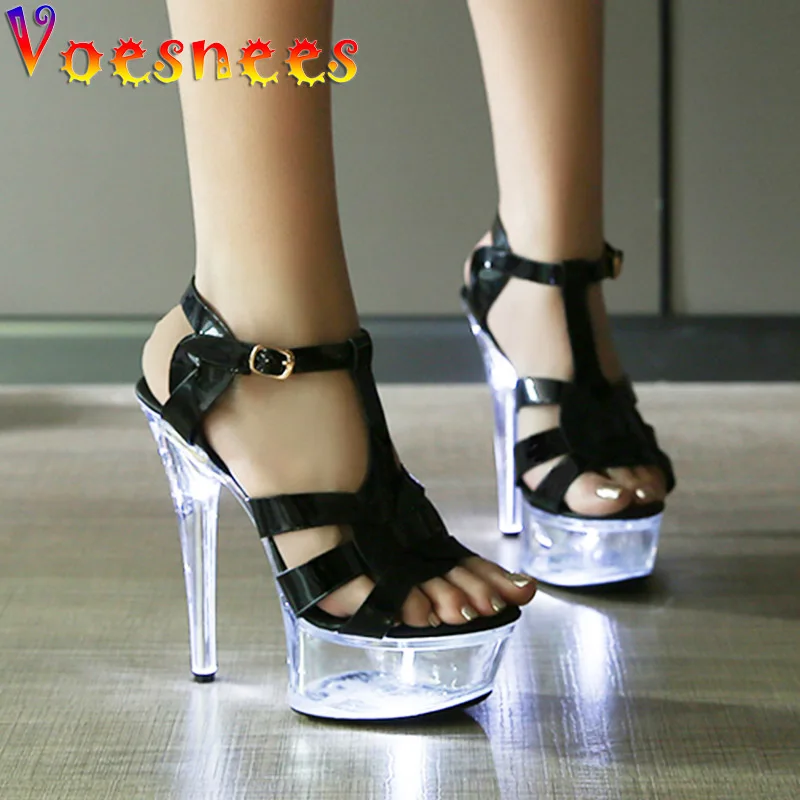 2023 New Transparent Platform High Heels Women\'s Nightclub Steel Pipe Dance Shoes Glowing LED Light Flash Party Sandales Black