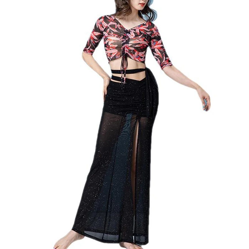 Women Belly Dance Costume Suit Printing Mesh Top Split Skirt Practice Clothes Set Oriental Female Bellydance Elegant Performance