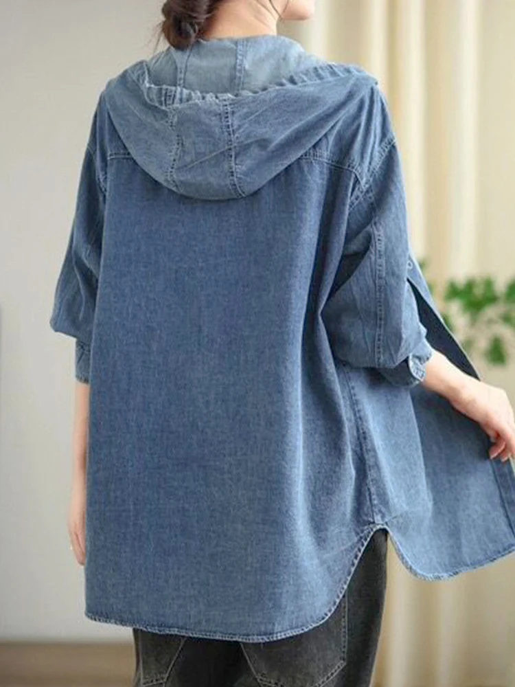 Max LuLu Fall 2024 Loose Leisure Hooded Denim Shirts Womens Vintage Females Classic Oversized Blouses British Fashion Punk Tops