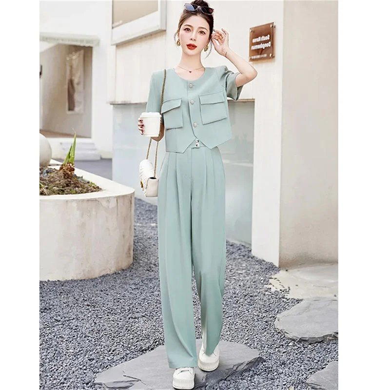 Leisure Fashion Set Women\'s 2023 Summer New Style Short Sleeve Top Wide Leg Pants Suit Two Piece Suit Female High-Quality Gray