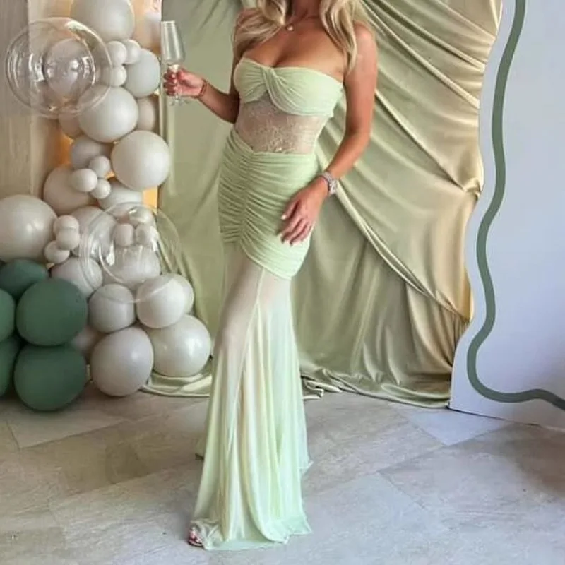 

2025 Design Sense Women's New Sexy Bandeau Long Skirt Pleated Mesh Panelled Sheer Lace Dress