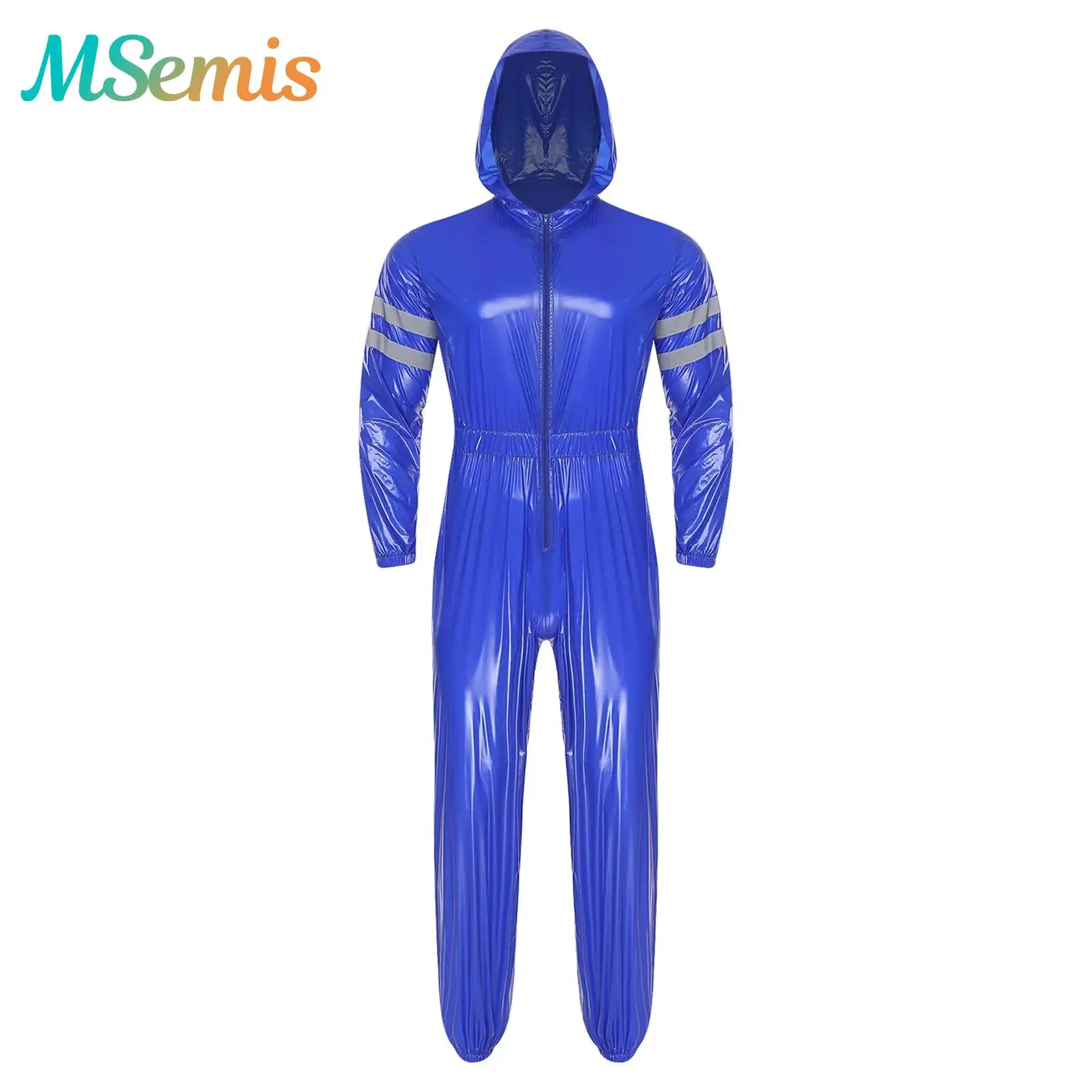 

Mens Water Resistant Coveralls Jumpsuit Elastic Waist Front Zipper Hooded Jumpsuit High Visibility Reflective Workshop Uniforms