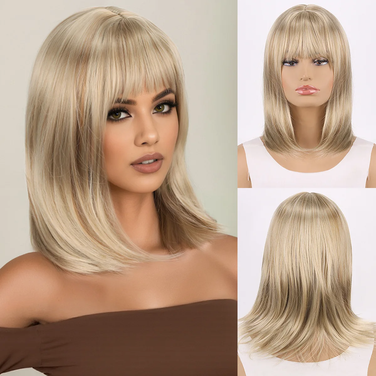 Cross border new product: European and American style bangs, golden medium to long hair wig and headband-Synthetic fiber wig