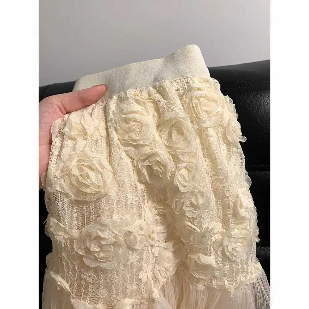 ฤดูใบไม้ผลิฤดูใบไม้ร่วงผู้หญิงโรแมนติกหวานสุภาพสตรีAppliqueดอกไม้พับกระโปรงลูกไม้สีเบจ, 2025 ฤดูร้อนใหม่ผู้หญิงRufflesกระโปรงตาข่ายยาว