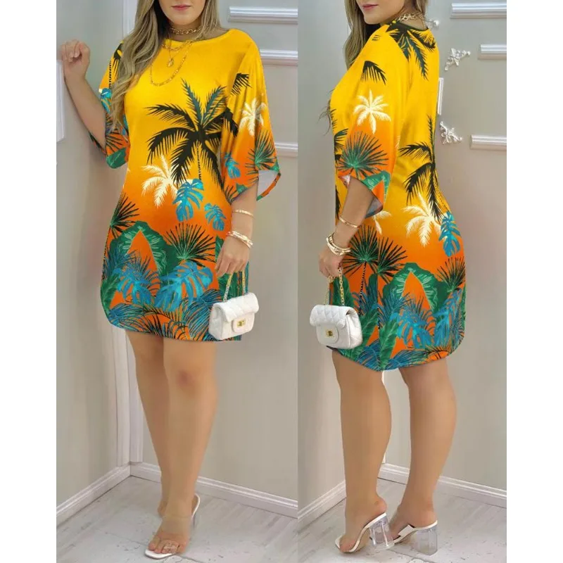 

Women's Gradient Color Floral Print Mini Dress Spring Summer New Dress Women's Fashion Three Quarter Sleeve O-Neck Dress