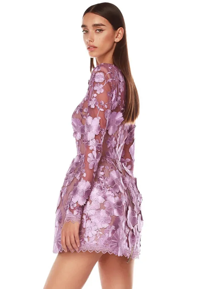 VC Purple Flower Embroidered Short Dress O Neck Log Sleeves High Waist Floral See Through Cocktail Party Eveing Gown