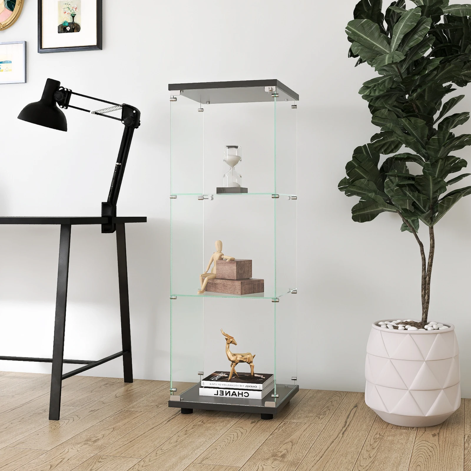 Rosahqnda, vetrina in vetro a tre livelli con un'unica anta, mobiletto da terra per esporre oggetti, ideale per soggiorno, camera da letto o ufficio, libreria con ante in vetro temperato, colore