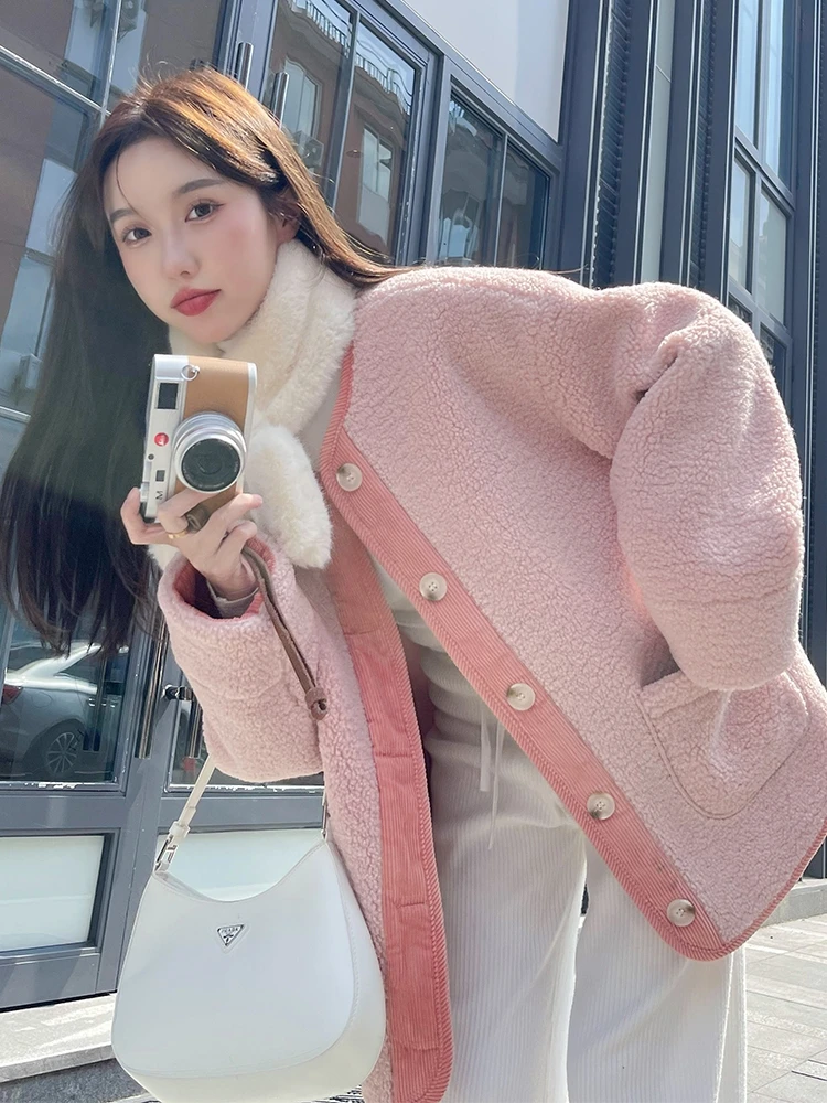 

Autumn Winter 2023 Short Jacket Coat Women Pink Coats Womens Korean Faux Fur Office Ladies Fluffy Coat Warm Outerwear B50