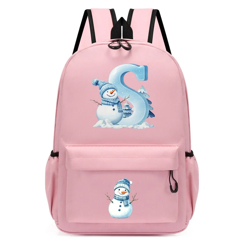 Christmas Snowman 26 Letter A-Z Pink Backpack for Toddler Girls Schoolbag Xmas Holiday Kindergarten Kids Daily Travel School Bag