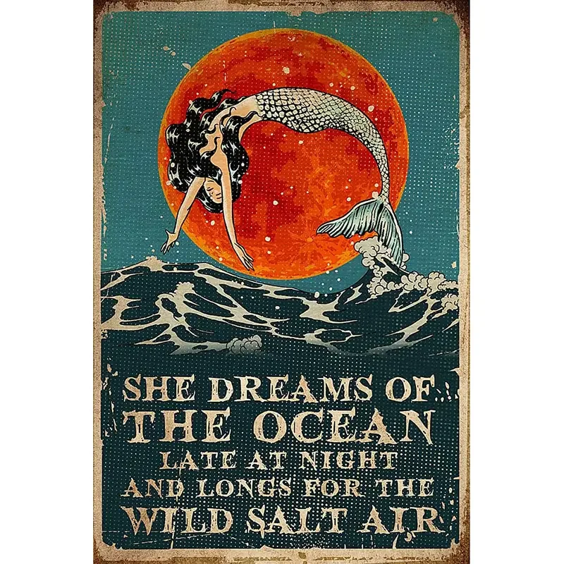 Vintage Mermaid Tin Sign - Nostalgic Charm for Home Decor - Add Character & Quaint Appeal to Your Space