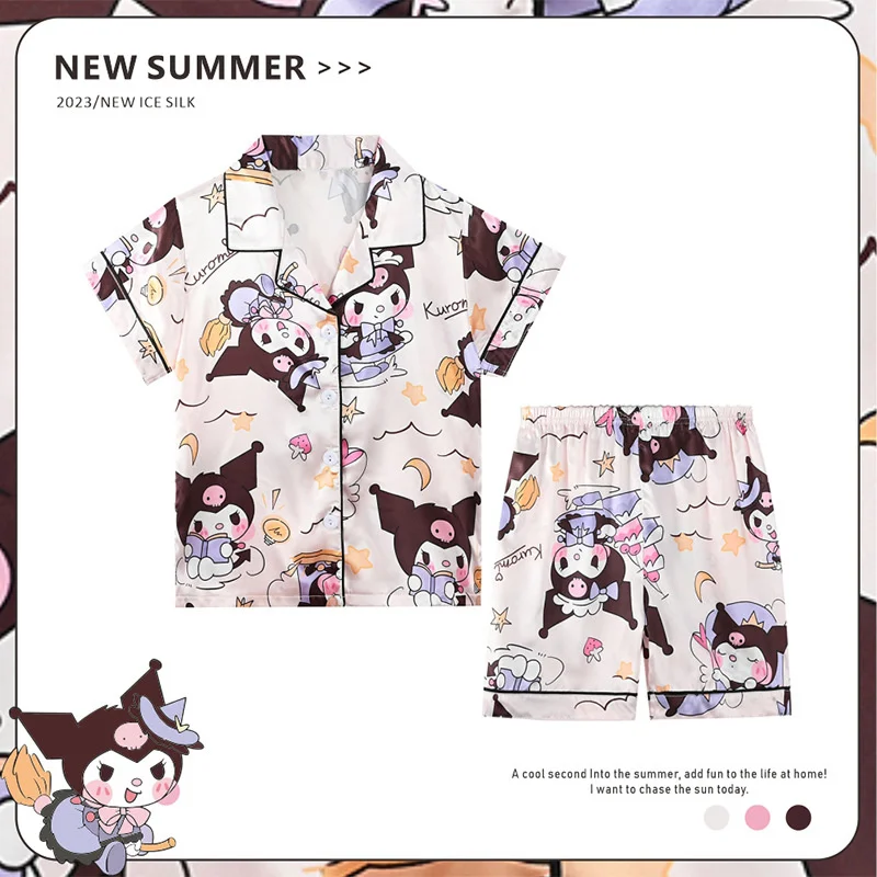 Sanrio Anime Ice Silk Pijama Set para crianças, loungewear Kawaii, cardigan manga curta, desenho animado Kuromi Cinnamoroll, minha melodia, verão