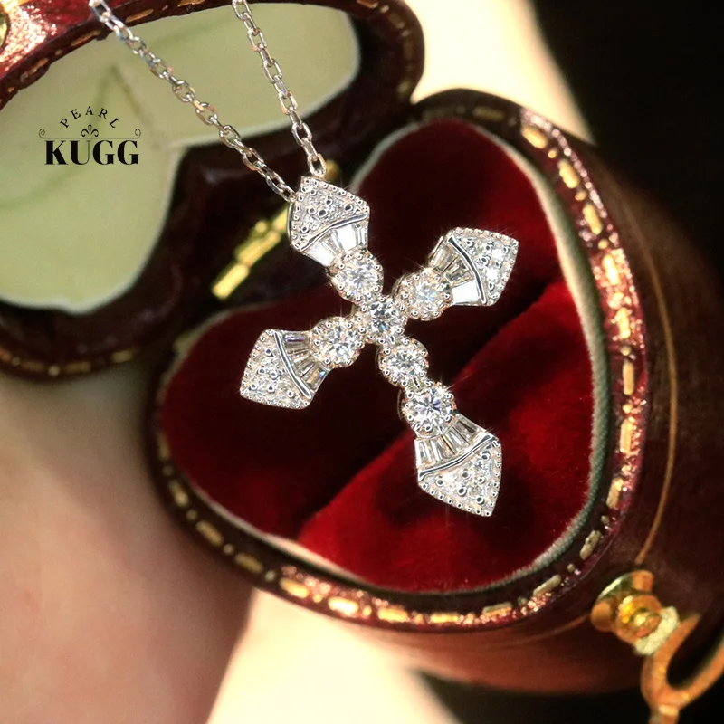 

KUGG 100% 18K White Gold Necklace Elegant Cross Pendant Real Natural Diamond Necklace for Women Birthday Gift Fine Jewelry