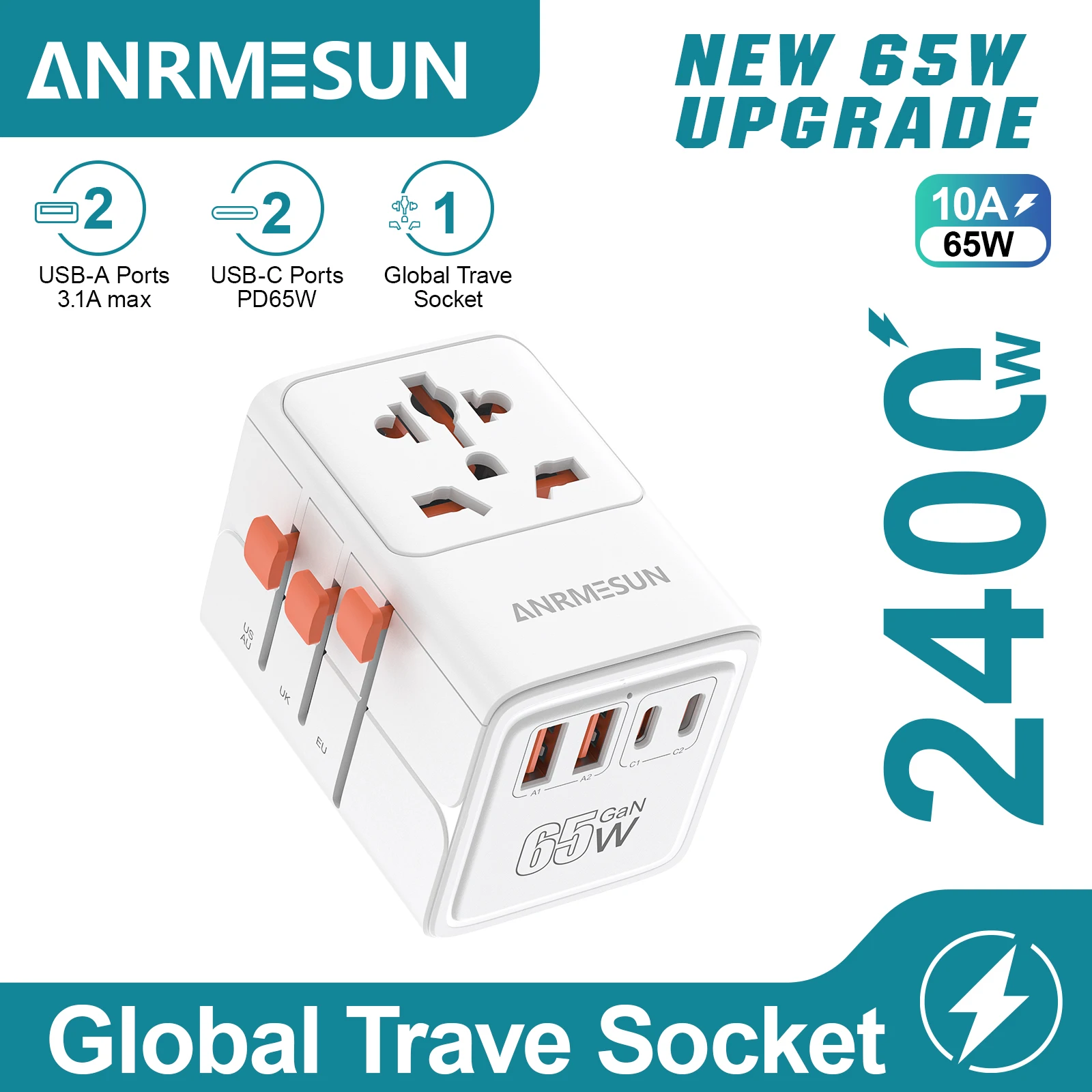 65 W/45 W/25 W GaN universele reisadapter met 2 USB 2 Type C snel opladen alles-in-één reislader EU/UK/VS/AUS voor reizen