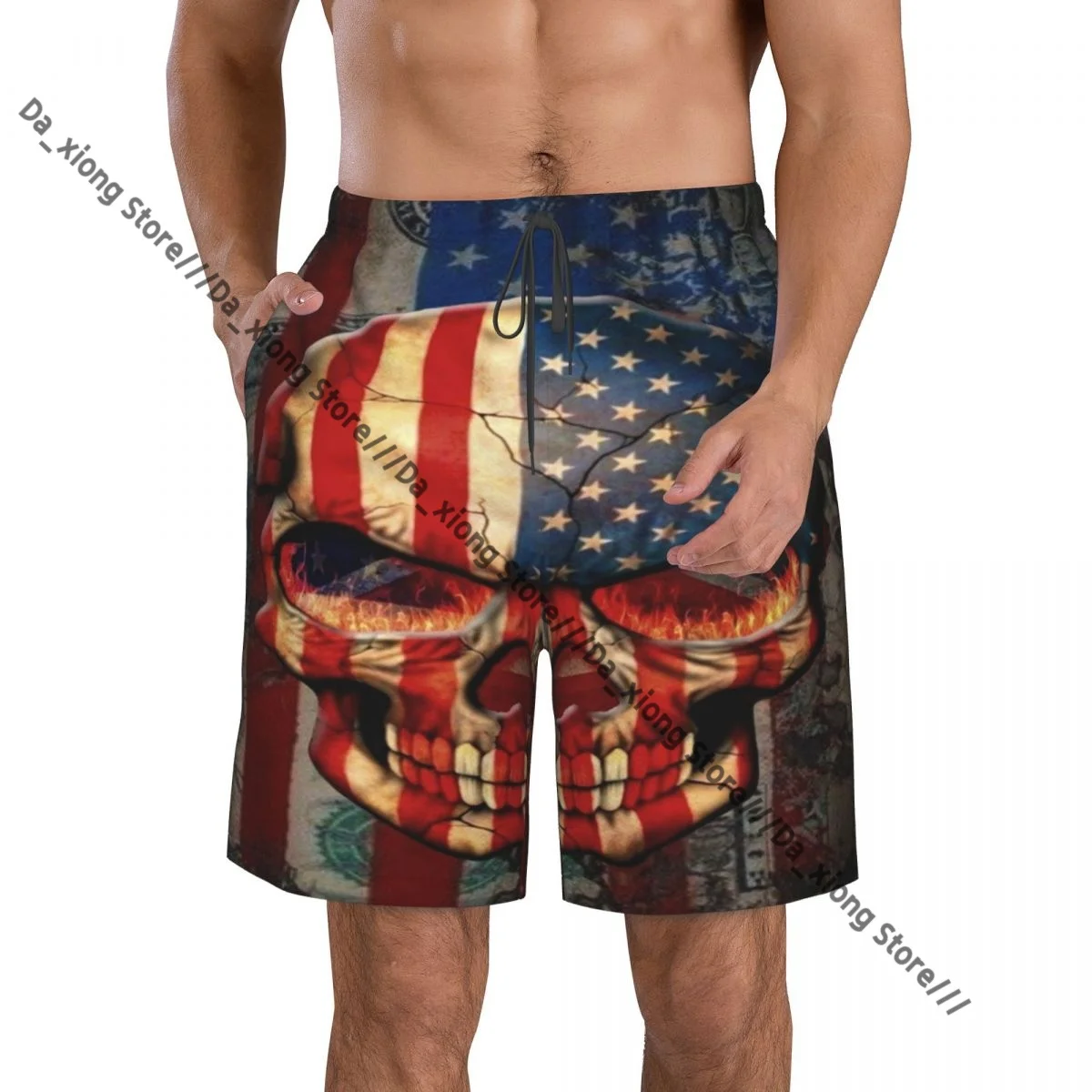 Man Swimwear Skull Bones American Flags Swim Shorts Trunks Beach Board Shorts Swimming Swimsuits