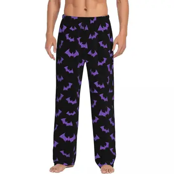 Pantalones de pijama personalizados para hombre, ropa de dormir y bolsillos con cordón, color negro y morado, murciélago escalofriante para Halloween