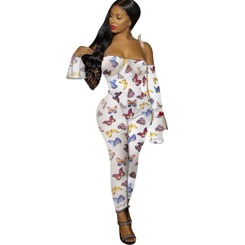 

Women Jumpsuit Romper Sexy Party Rompers Long Sleeve Butterfly Print Off Shoulder Skinny Romper Bodycon Club Jumpsuit Overalls