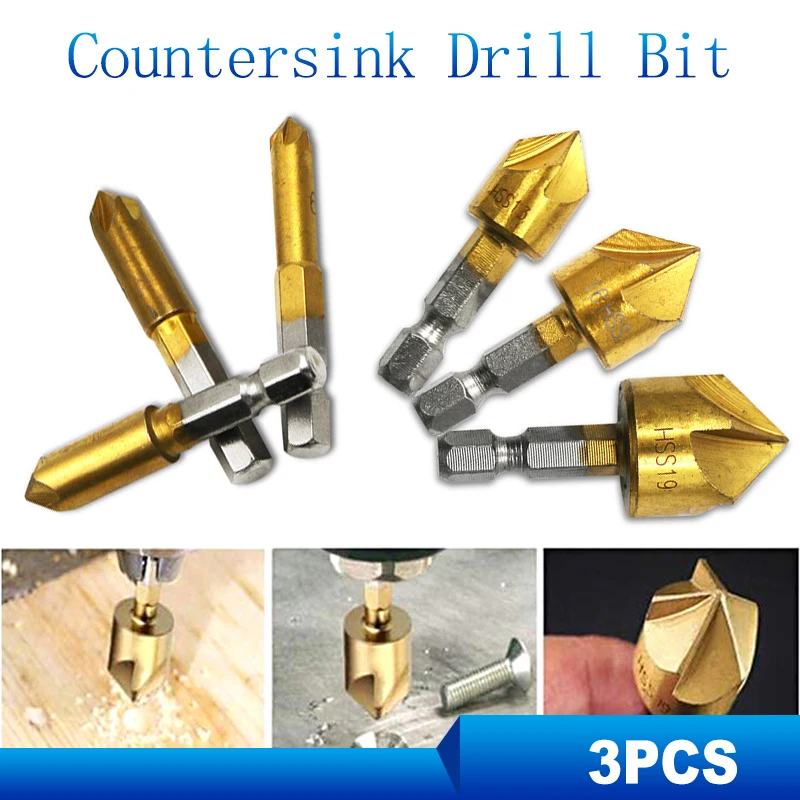 

3Pcs Titanium-Plated Five-Blade Hole Drill Bit Wooden Metal Stainless Steel Reaming Bit Countersunk Single-blade Chamfering Tool