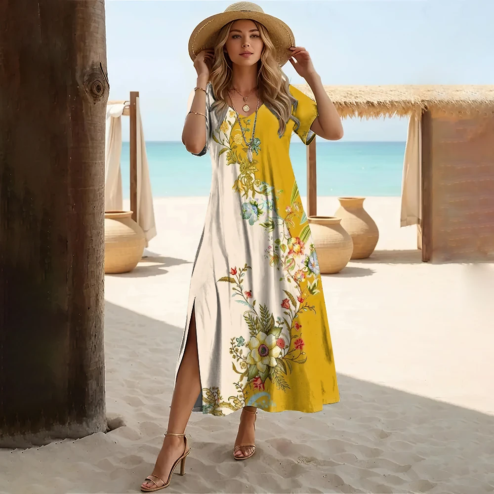 Robes décontractées à col en v pour femmes, été, plage en plein air, imprimé Floral, Style Patchwork, robes bohème hawaïennes, nouvelle collection 2025
