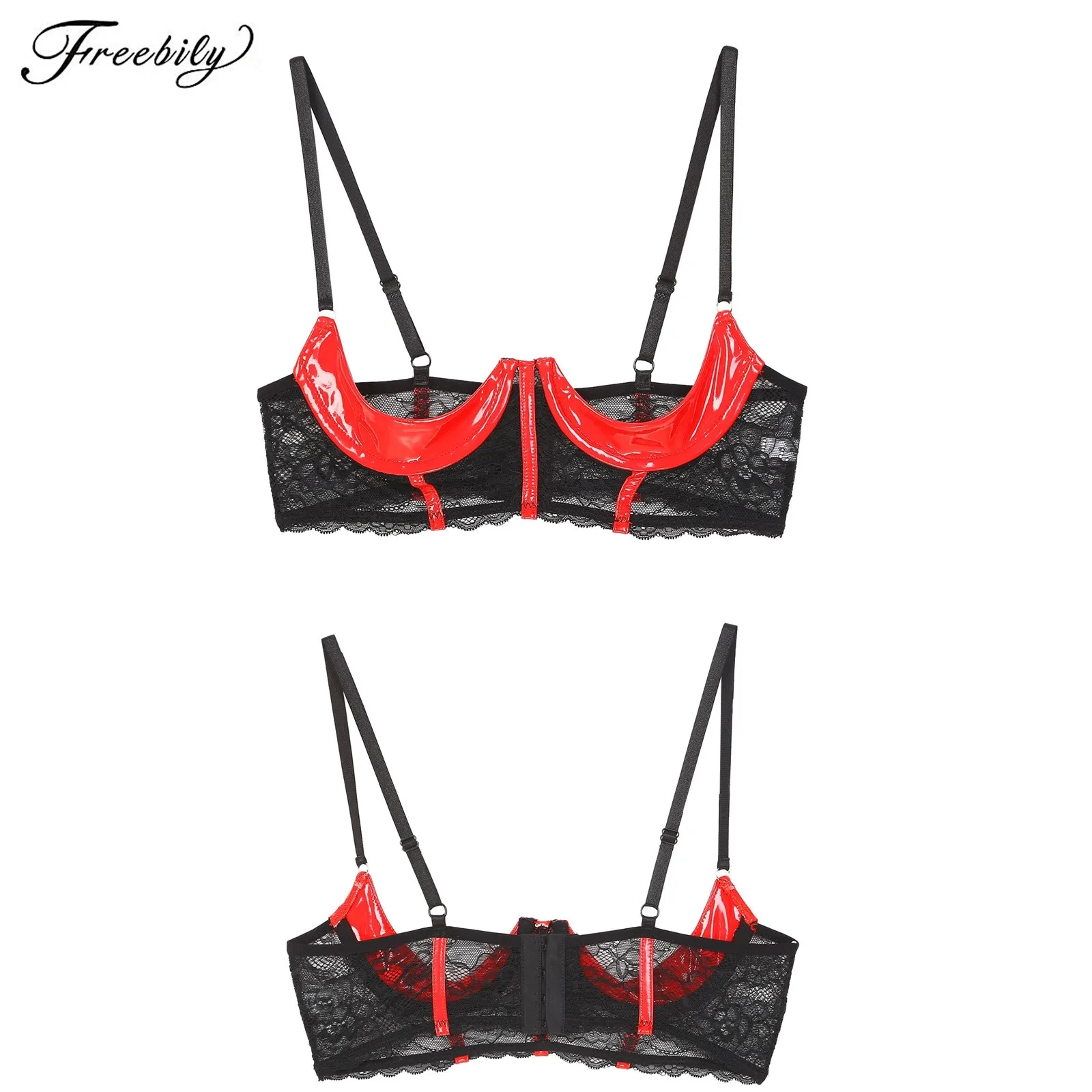 

Womens Patent Leather Bra Tops Underwired Adjustable Shoulder Straps Floral Lace Brassiere Lingerie Underwear Honeymoon Gift