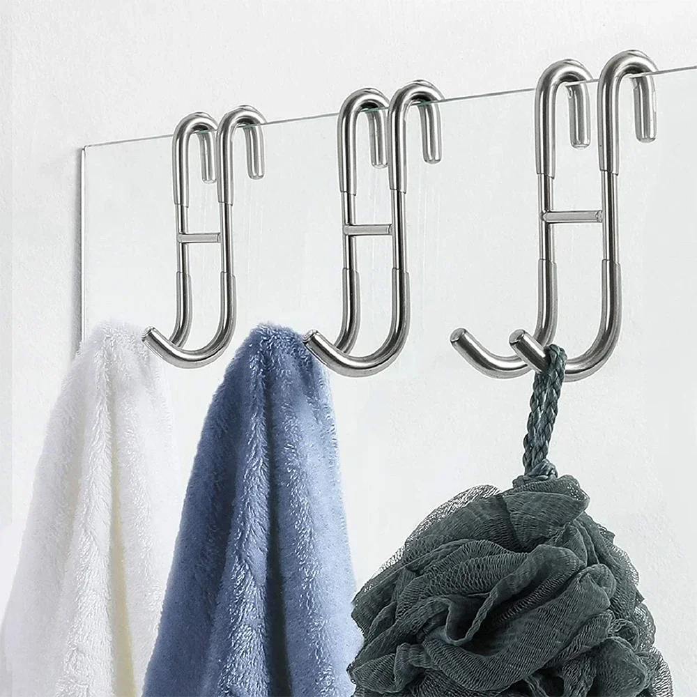 Shower Hook 304 Stainless Steel Glass Door Shower Hook Towel Rack Hooks Kitchen Bathroom Frameless Drilling-Free Hanger