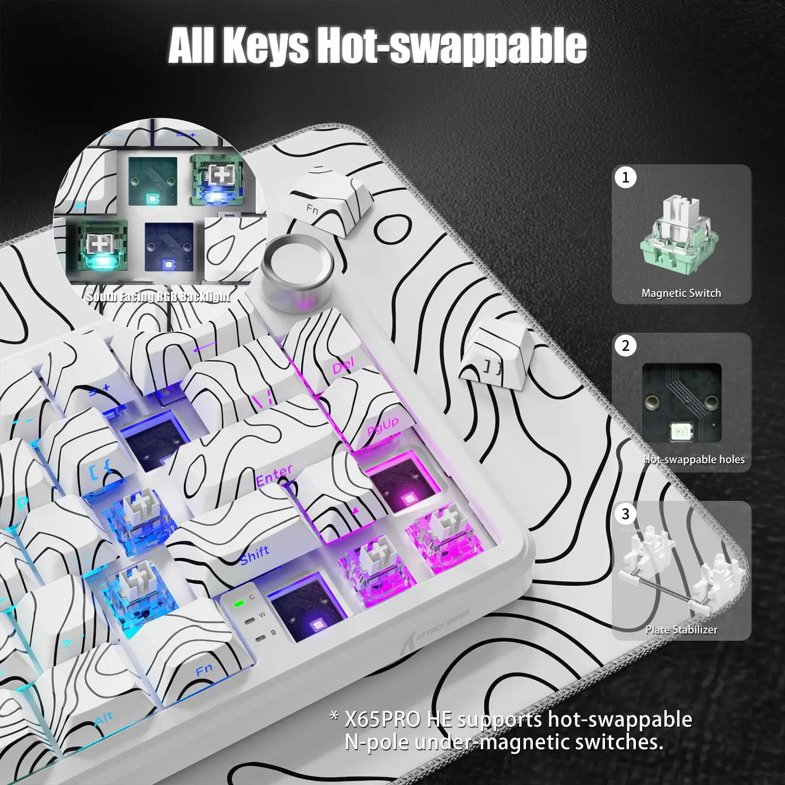 ATTACK SHARK X65PRO HE Rapid Trigger Wireless Gaming Keyboard, 0.01mm RT Accuracy 8KHz Polling Rate, Tri-Mode, Magnetic Switch