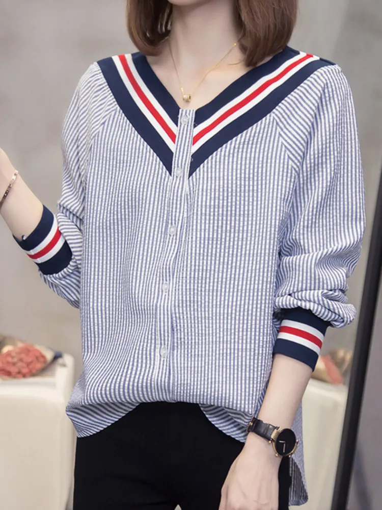 

Oversize Spliced Stripe Shirt Woman Fashion V-neck Long Sleeve Large Blouses Split Korean Style Vintage Loose Top Female