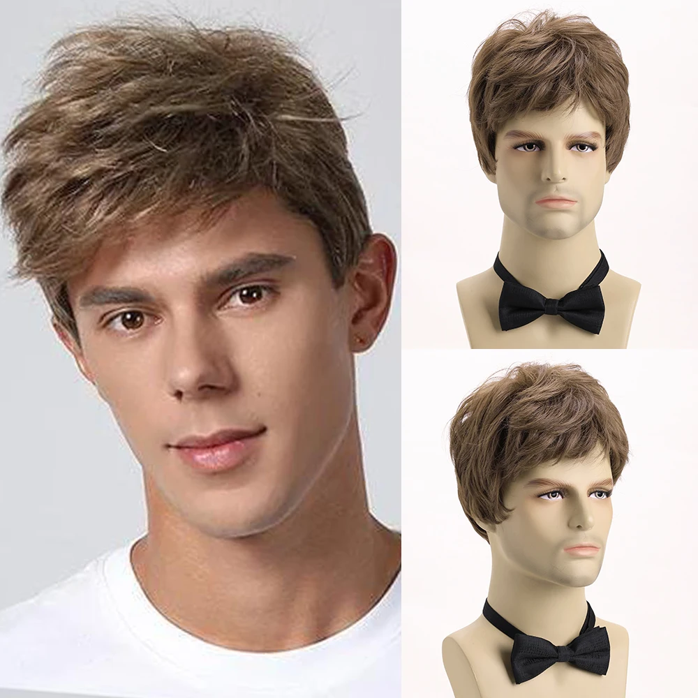 

10 Inch Synthetic Short Curly Light Brown Wig For Men Layered Hair Heat Resistant Wigs With Bangs For Daily Use Wedding Ball