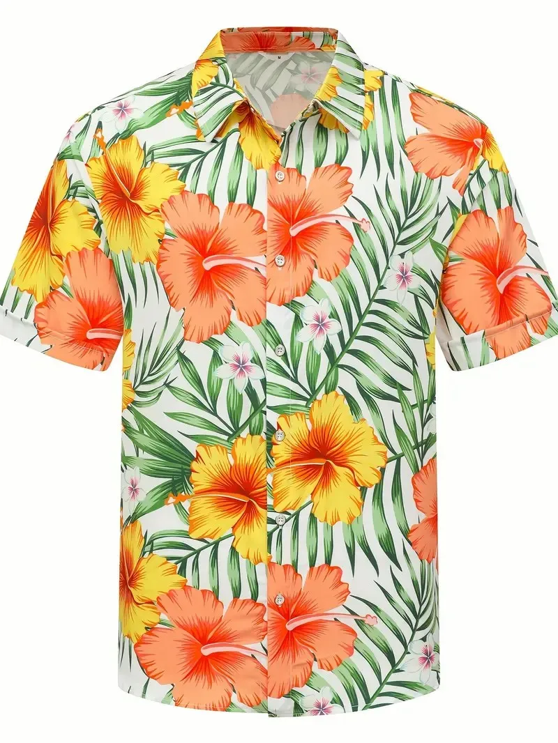 Hawaiian Print Summer Men's Lapel Shirt Short Sleeve Loose Casual Quick Dry Fabric Seaside Beach Holiday Shirt Tops Plus Size