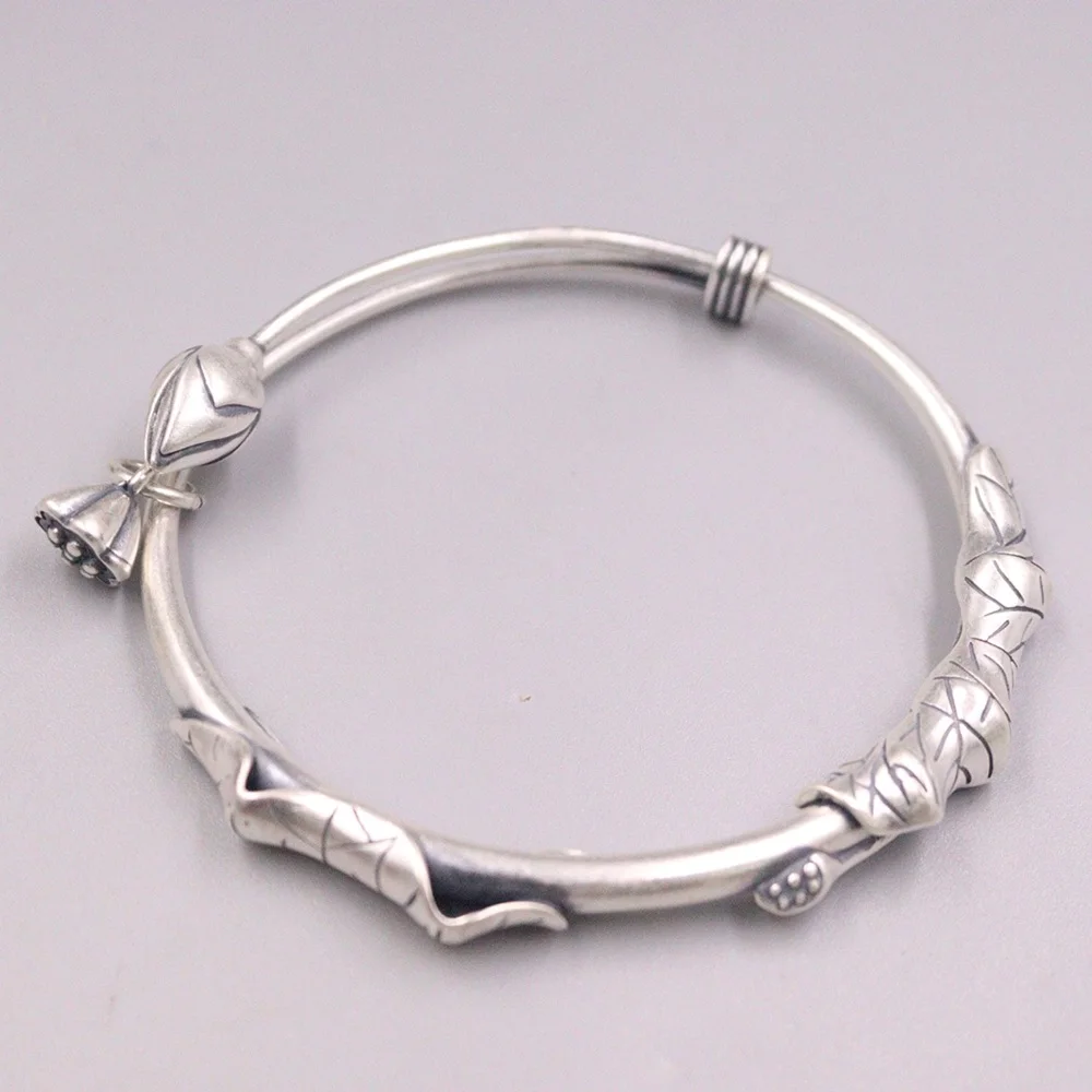 

Real Pure 999 Fine Silver Bangle Women Lucky Lotus Leaf Adjustable Bracelet 28.7g