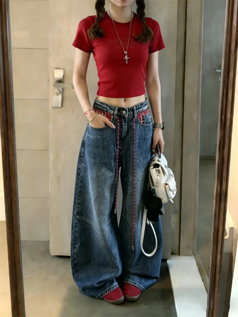 

American Style Vintage Faded Long Drawstring Denim Pants Women's Loose Wide Leg Floor Length Trousers Spring Season
