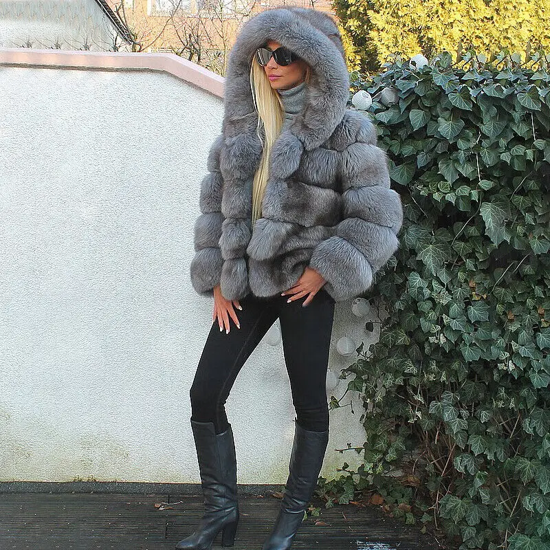 Winter Luxury Women Real Fox Fur Jackets Hooded Genuine Fur Coat Lady Fashion Elegant Solid Natural Fur Thick Overcoat