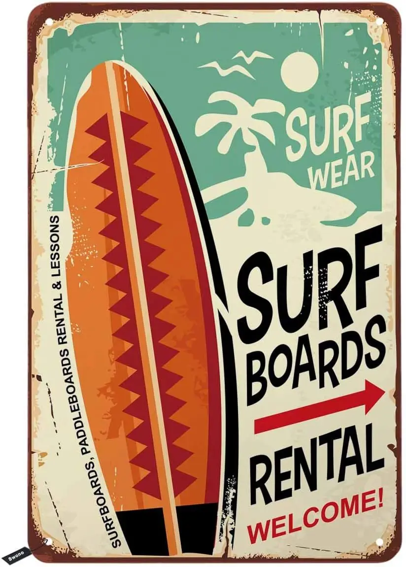 Surf Boards Tin Signs,Surf Wear Rental Welcome Vintage Metal Tin Sign for Men Women,Wall Decor for Bars,Restaurants,Cafes Pubs